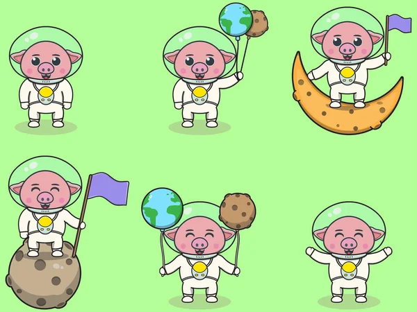 Vector Illustration Von Niedlichen Schweinen Mit Einem Astronautenkostüm Lustiges Schwein — Stockvektor