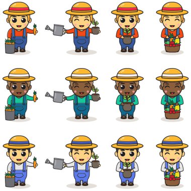 Şirin Çocuk çiftçi vektör tasarımı, sulama kutusu, bitki ve sebzeli. Çizgi film genç çiftçisinin vektör çizimi. Sevimli çizgi film karakteri. Beyazda izole edilmiş.