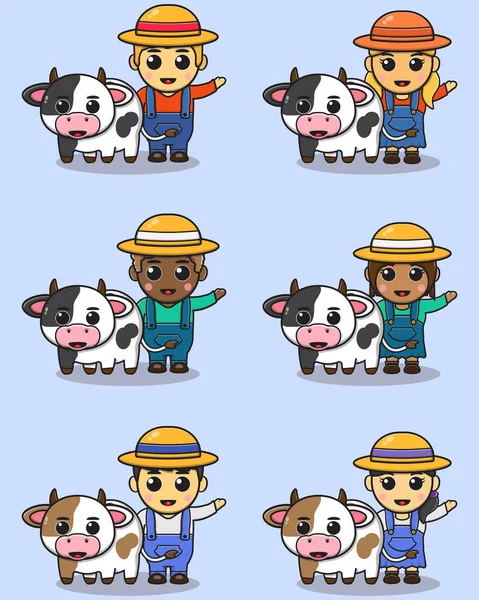 Vektorové Ilustrace Karikatura Roztomilé Farmáře Krávy Design Izolované Plochý Kreslený — Stockový vektor