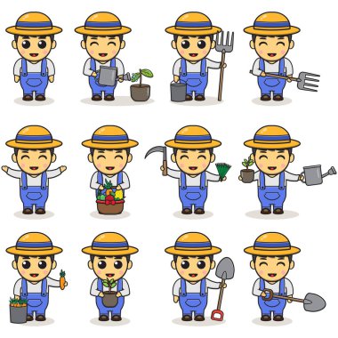Vector illustration of Cartoon young Boy farmer. Cute cartoon farmer character.