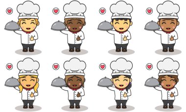 Vector illustration of boy and girl Chef holding a plate or platter cloche. Characters set of children cooks. Happy cute Kid chef character wearing chef outfit with cheerful expression.