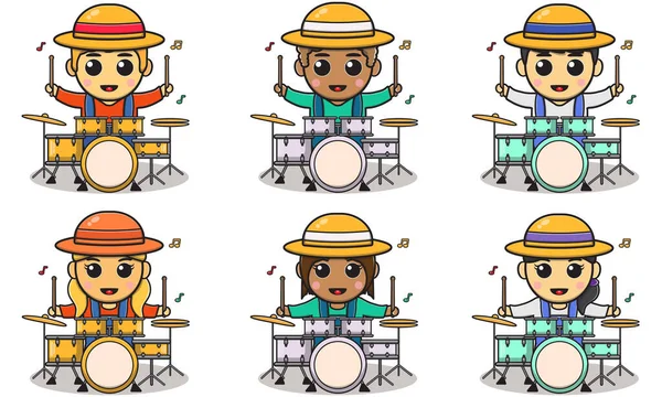 Vector Illustration Cartoon Cute Boy Girl Farmer Playing Drum Set — Stock vektor