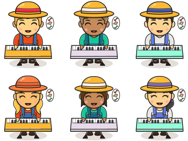 Vector Illustration Cartoon Cute Boy Girl Farmer Playing Keyboard Design — Stock vektor