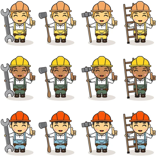 Vector Cartoon Ilustração Feliz Handyman Com Grandes Ferramentas Thump Pose — Vetor de Stock