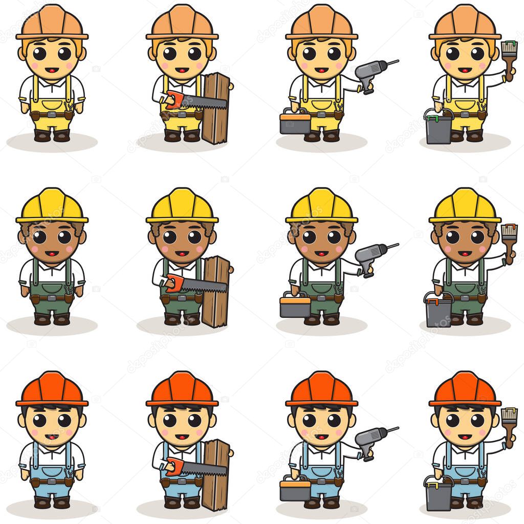 Vector Cartoon illustration of an happy Handyman with his tools. Boy Construction Workers with Professional Tools Set. Children's illustration. Flat Cartoon Style.
