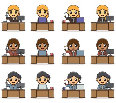 Masadaki üniformalı iş kadınının vektör karikatür çizimi. Çizgi film insanları gibi. Bir dizi komik ofis çalışanı..