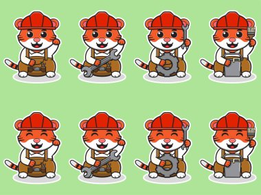 Şanslı kedinin elinden her iş gelen bir kostüm giydiği şirin çizgi film kaplanının vektör illüstrasyonu. Küçük sevimli kaplan karakterleri. Çizgi film tarzında düz simgeler.