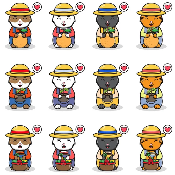 Vektor Ilustrasi Smile Cats Dengan Kostum Farmer Maneki Neko Desain - Stok Vektor