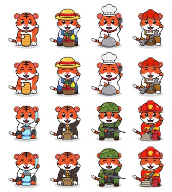 Şanslı kedi duruşu ve farklı kostümlü şirin çizgi film kaplanının vektör çizimi. Küçük sevimli kaplan karakterleri. Çizgi film tarzında düz simgeler.