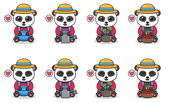 Vector Illustration Cute Panda Siting Farmer Costume Set Cute Smile — Stock Vector