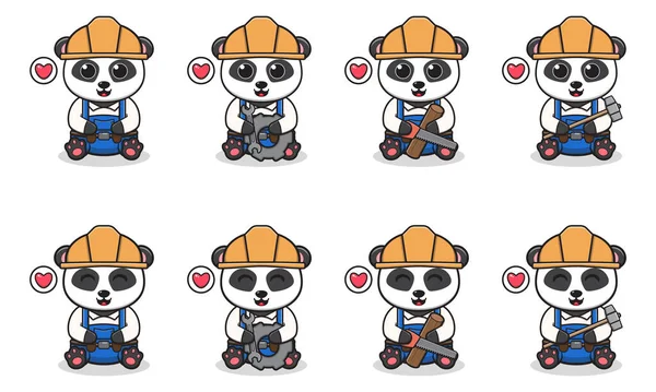 Vector Illustration Von Cute Panda Sitting Mit Handyman Kostüm Set — Stockvektor