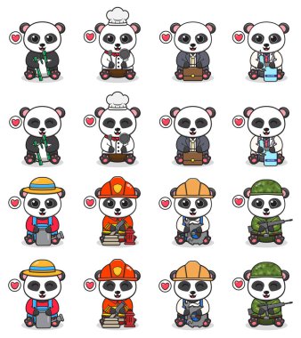 Farklı kostümle oturan sevimli panda çizgi filminin vektör illüstrasyonu. Bir grup şirin panda karakteri. Çizgi film tarzında düz simgeler.