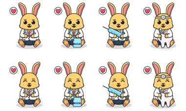 Doktor kostümüyle Tavşan Oturan Şirin 'in Vektör İllüstrasyonu. Bir grup sevimli gülümseme Bunny karakterleri. Çizgi film tarzında düz simgeler.