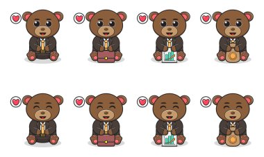 Şirin Oturan Ayı 'nın İş Adamı kostümüyle Vector Illustration' ı. Bir grup sevimli ayı karakteri. Beyaz arka planda izole edilmiş komik küçük ayı koleksiyonu.