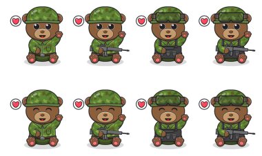 Oturan Şirin Ayı 'nın Vector Illustration' ı. Asker kostümüyle el kaldırma pozu. Bir grup sevimli ayı karakteri. Beyaz arka planda izole edilmiş komik küçük ayı koleksiyonu.