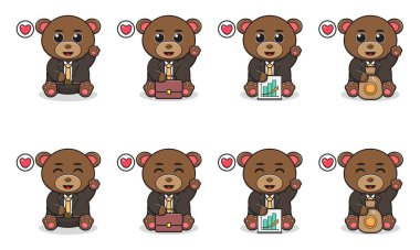 Şirin Oturan Ayı çizgi filminin Vector Illustration 'ı. İş adamı kostümü ile el kaldırma pozu. Bir grup sevimli ayı karakteri. Beyaz arka planda izole edilmiş komik küçük ayı koleksiyonu.