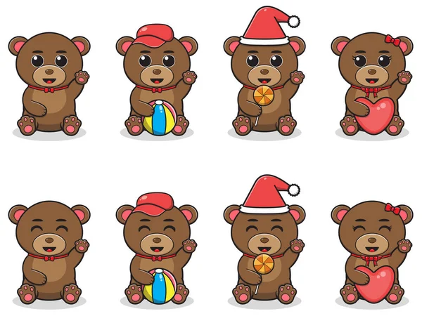 Vector Illustration Von Cute Sitting Bear Cartoon Mit Verschiedenen Kostümen — Stockvektor