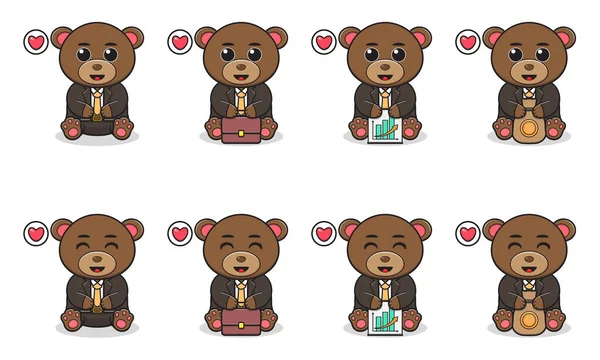 Şirin Oturan Ayı 'nın İş Adamı kostümüyle Vector Illustration' ı. Bir grup sevimli ayı karakteri. Beyaz arka planda izole edilmiş komik küçük ayı koleksiyonu.