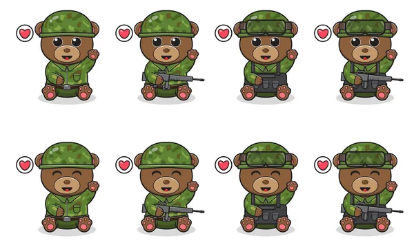Oturan Şirin Ayı 'nın Vector Illustration' ı. Asker kostümüyle el kaldırma pozu. Bir grup sevimli ayı karakteri. Beyaz arka planda izole edilmiş komik küçük ayı koleksiyonu.