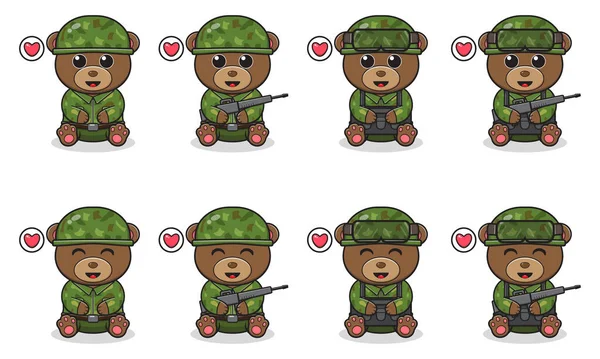 Vector Illustration Des Niedlichen Sitzenden Bären Cartoon Mit Soldatenkostüm Set — Stockvektor