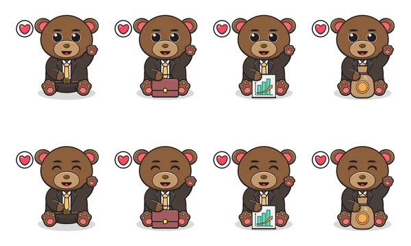 Şirin Oturan Ayı çizgi filminin Vector Illustration 'ı. İş adamı kostümü ile el kaldırma pozu. Bir grup sevimli ayı karakteri. Beyaz arka planda izole edilmiş komik küçük ayı koleksiyonu.