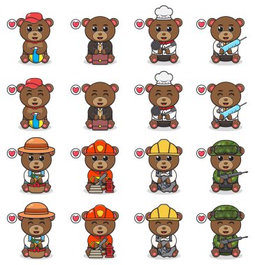 Oturan Şirin Ayı kostümünün Vektör İllüstrasyonu. Sevimli küçük Bear karakterleri. Beyaz arka planda izole edilmiş komik küçük ayı koleksiyonu.