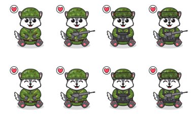 Asker kostümüyle oturan şirin kurt çizgi filminin vektör illüstrasyonu. Bir grup şirin küçük Kurt karakterleri. Beyaz arka planda izole edilmiş komik küçük kurt koleksiyonu..