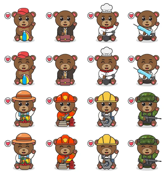 Oturan sevimli ayı kostümünün el kaldırma pozuyla vektör illüstrasyonu. Sevimli küçük Bear karakterleri. Beyaz arka planda izole edilmiş komik küçük ayı koleksiyonu.