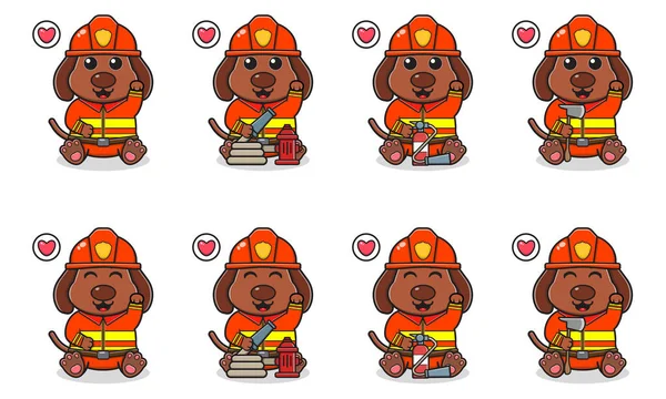 Vector Illustration Des Niedlichen Sitzenden Hundes Cartoon Mit Feuerwehrkostüm Und — Stockvektor