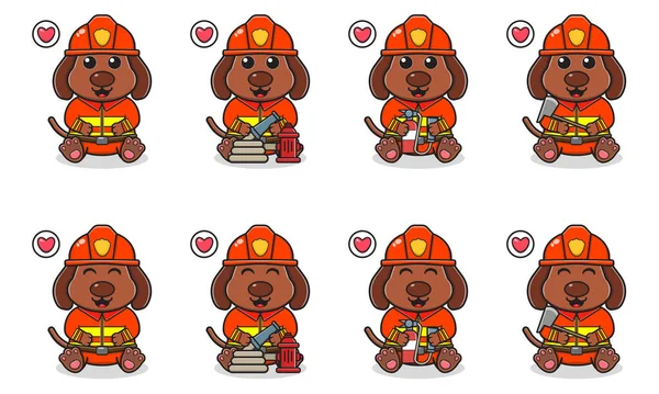Vector Illustration Des Niedlichen Sitzenden Hundes Cartoon Mit Feuerwehrkostüm Set — Stockvektor