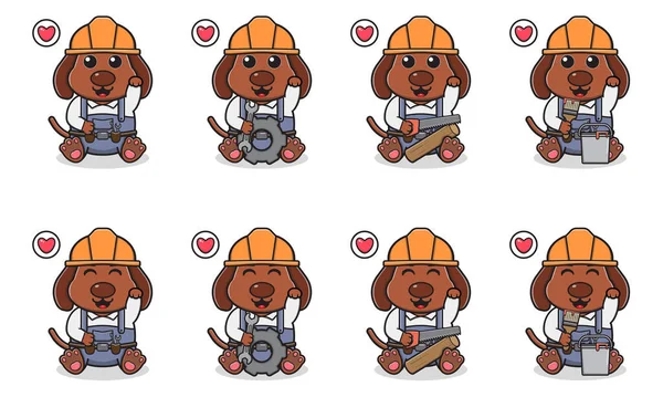 Vector Illustration Des Niedlichen Sitzenden Hundes Cartoon Mit Handyman Kostüm — Stockvektor