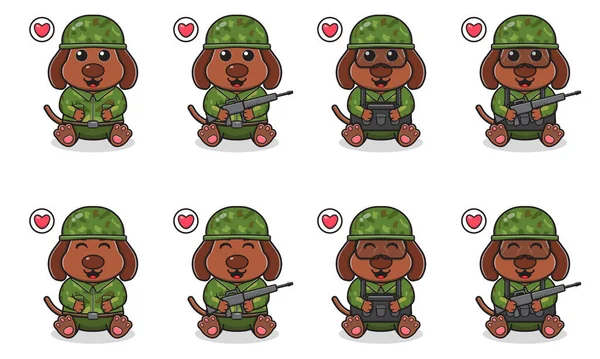 Vector Illustration Des Niedlichen Sitzenden Hundes Cartoon Mit Soldatenkostüm Set — Stockvektor