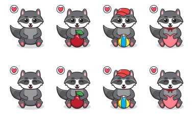 Rakun çizgi filminde oturan Şirin 'in Vektör İllüstrasyonu. Küçük sevimli rakun karakterleri. Beyaz arka planda izole edilmiş komik küçük rakun koleksiyonu..