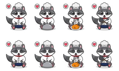 Şefin kostümlü Rakun çizgi filminin Oturan Şirin 'in Vektör İllüstrasyonu. Küçük sevimli rakun karakterleri. Beyaz arka planda izole edilmiş komik küçük rakun koleksiyonu..