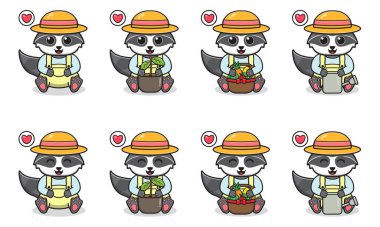 Çiftçi kostümlü, Rakun çizgi filminde oturan Şirin 'in Vektör İllüstrasyonu. Küçük sevimli rakun karakterleri. Beyaz arka planda izole edilmiş komik küçük rakun koleksiyonu..