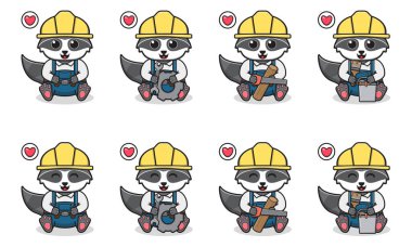 Becerikli adam kostümüyle Rakun çizgi filminde oturan Şirin 'in Vektör İllüstrasyonu. Küçük sevimli rakun karakterleri. Beyaz arka planda izole edilmiş komik küçük rakun koleksiyonu..