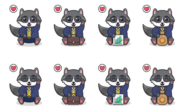 Vector Illustration Cute Sitting Raccoon Cartoon Mit Businessman Kostüm Und — Stockvektor