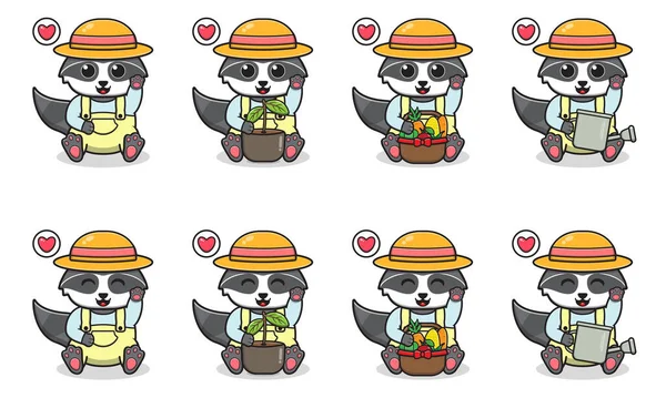 Farmer kostümü ve el kaldırma pozuyla oturan Rakun çizgi filminin vektör illüstrasyonu. Küçük sevimli rakun karakterleri. Beyaz arka planda izole edilmiş komik küçük rakun koleksiyonu..