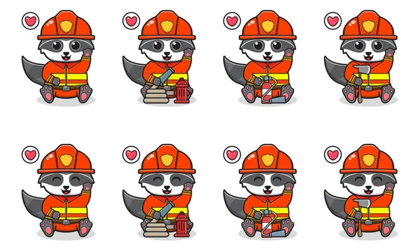 Διάνυσμα Εικονογράφηση Του Χαριτωμένο Συνεδρίαση Raccoon Κινουμένων Σχεδίων Κοστούμι Πυροσβέστη — Διανυσματικό Αρχείο