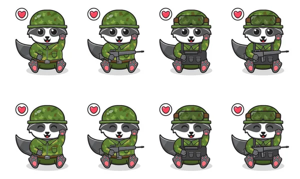 Διάνυσμα Εικονογράφηση Του Χαριτωμένο Συνεδρίαση Raccoon Κινουμένων Σχεδίων Κοστούμι Στρατιώτη — Διανυσματικό Αρχείο
