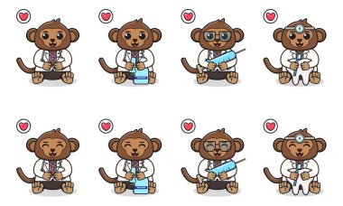 Doktor kostümüyle oturan şirin maymun çizgi filminin vektör illüstrasyonu. Bir grup şirin küçük maymun karakter. Beyaz arka planda izole edilmiş komik küçük maymun koleksiyonu.