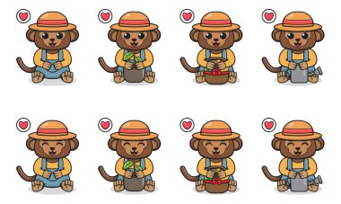 Çiftçi kostümlü, oturan şirin maymun çizgi filminin temsilcisi. Bir grup şirin küçük maymun karakter. Beyaz arka planda izole edilmiş komik küçük maymun koleksiyonu.