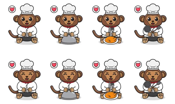 Vector Illustration Von Cute Sitting Monkey Cartoon Mit Chef Kostüm — Stockvektor