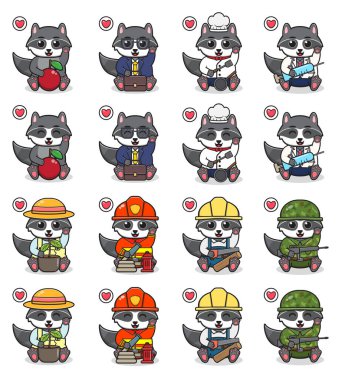 Rakun kostümü ve el kaldırma pozuyla oturan Şirin 'in Vektör İllüstrasyonu. Küçük sevimli rakun karakterleri. Beyaz arka planda izole edilmiş komik küçük rakun koleksiyonu..