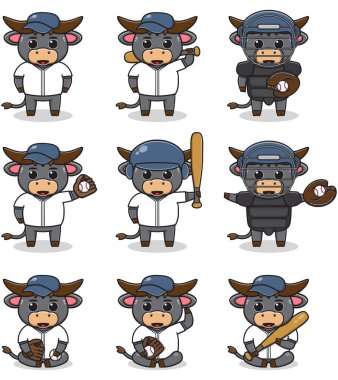 Beyzbol kostümlü Şirin Bufalo 'nun Vektör İllüstrasyonu. Bir grup tatlı Buffalo karakteri..