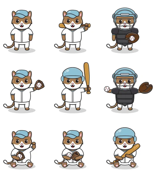 Vector Illustration Von Cute Cat Mit Baseball Kostüm Set Von — Stockvektor