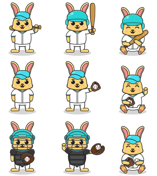 Vector Illustration Von Cute Rabbit Mit Baseball Kostüm Set Von — Stockvektor