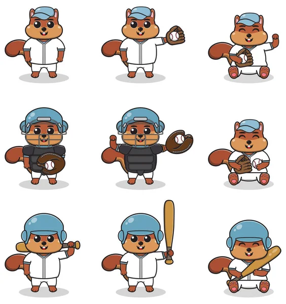 Vector Illustration Von Cute Squirrel Mit Baseball Kostüm Set Von — Stockvektor