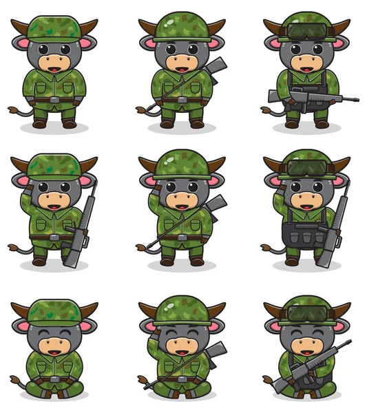 Εικονογραφήσεις Διάνυσμα Χαριτωμένο Buffalo Στρατιώτης Ωραίο Στρατιωτικό Σετ Επίπεδη Σχεδίαση — Διανυσματικό Αρχείο