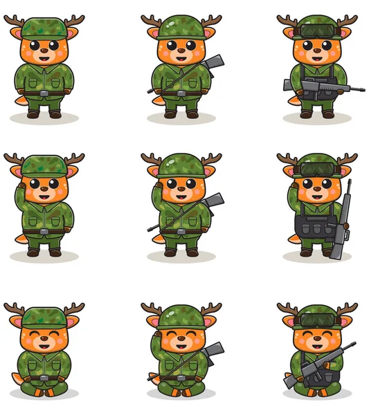 Vector Illustrations Cute Deer Soldier Cute Army Set Flat Cartoon — Stockvektor